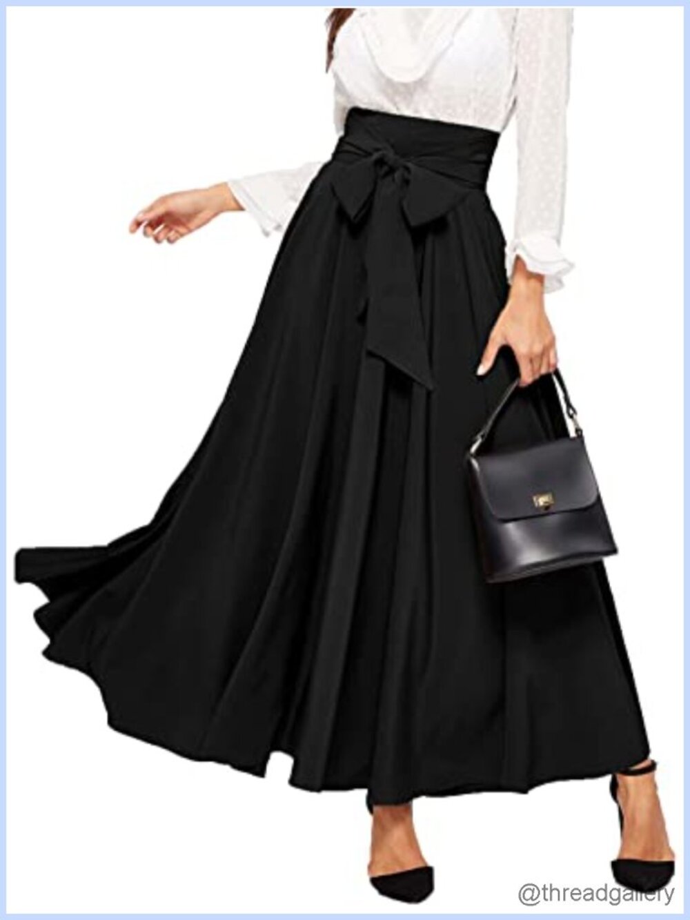 High Waist Pleated Maxi Skirt Tie Front Flowy A-Line
